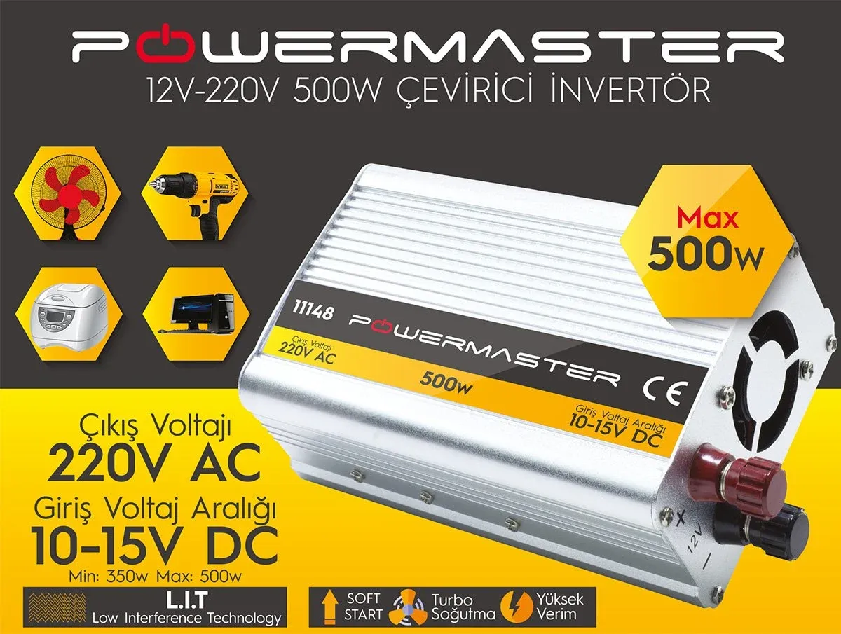 POWERMASTER PM-11148 12 VOLT - 500 WATT Modifiye Sinus İnverter (10-15V ARASI-220V AC)